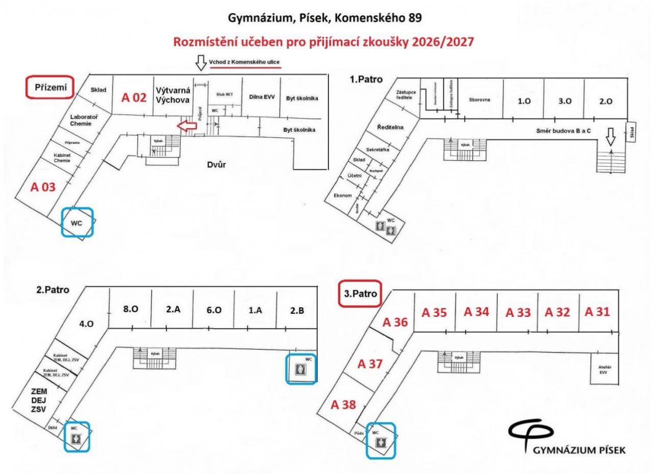 Plán rozmístění učeben pro přijímací zkoušky 2026/2027 Plán rozmístění učeben pro přijímací zkoušky 2026/2027