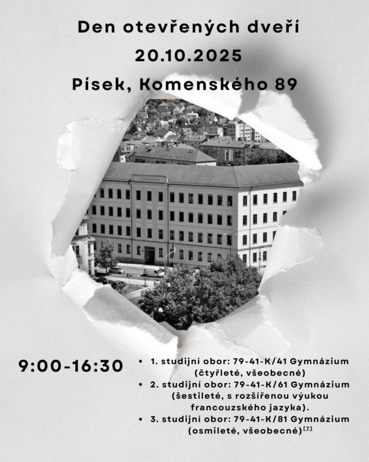 Pozvánka na Den otevřených dveří, 20.10.2025, 9:00-16:30 hodin, Gymnáziu Písek