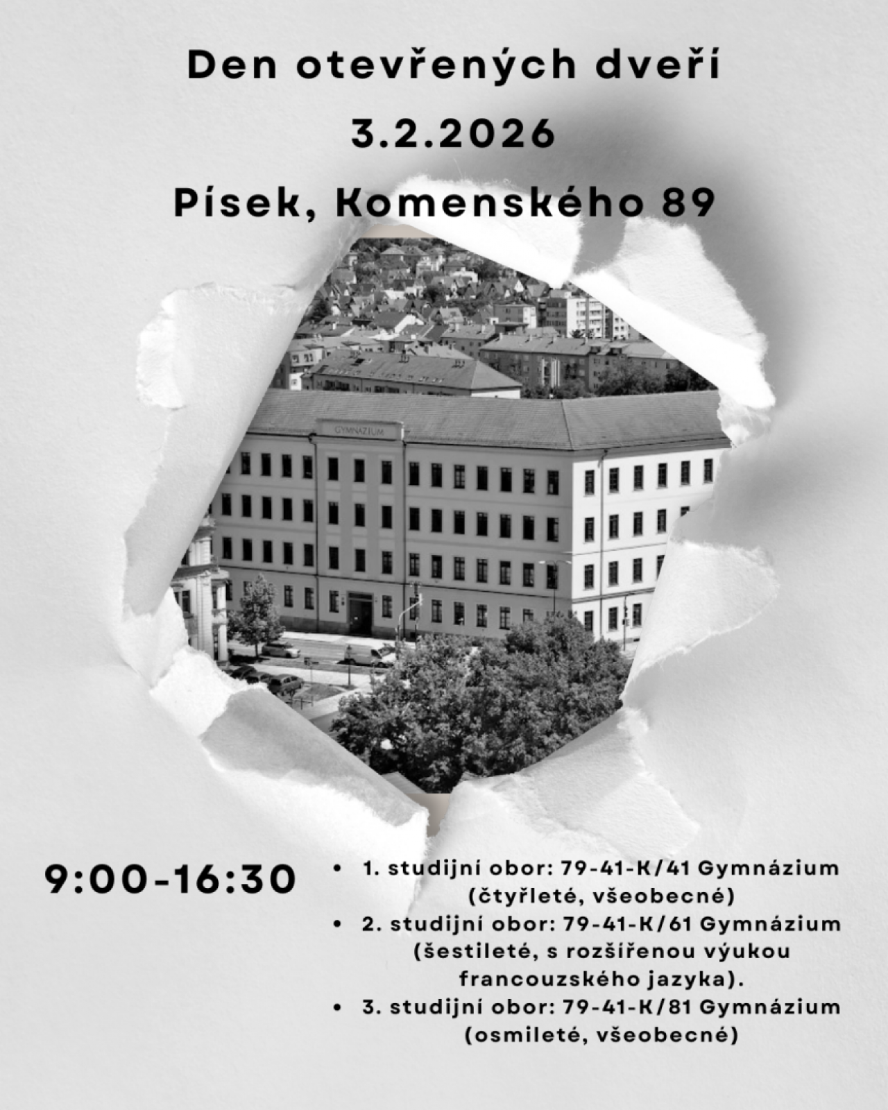Pozvánka na Den otevřených dveří, 3. 2. 2026, 9:00-16:30 hodin, Gymnáziu Písek