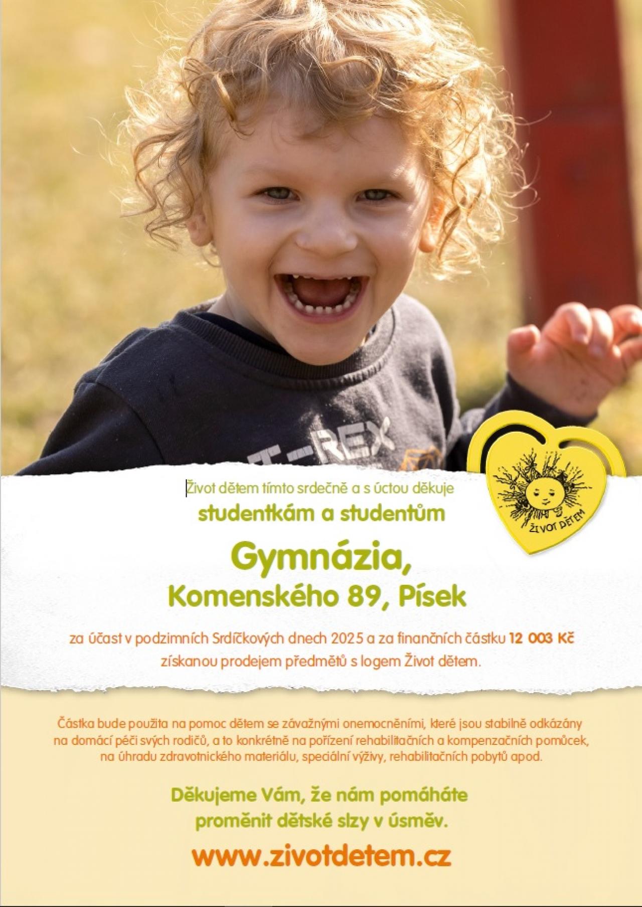 Certifikát pro Gymnázium Písek za sbírku v rámci Srdíčkového dne