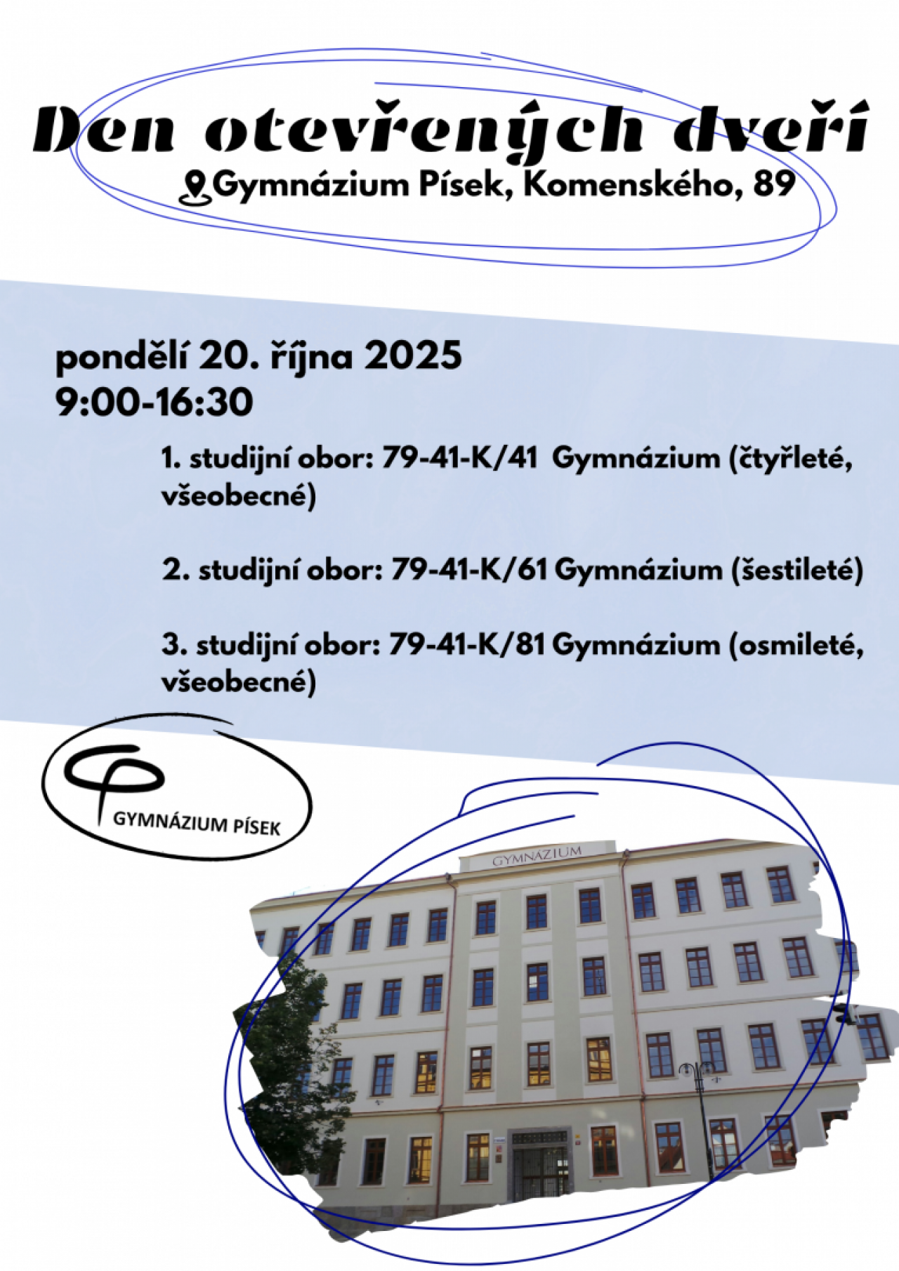 Pozvánka na Den otevřených dveří, 20.10.2025, 9:00-16:30 hodin, Gymnáziu Písek