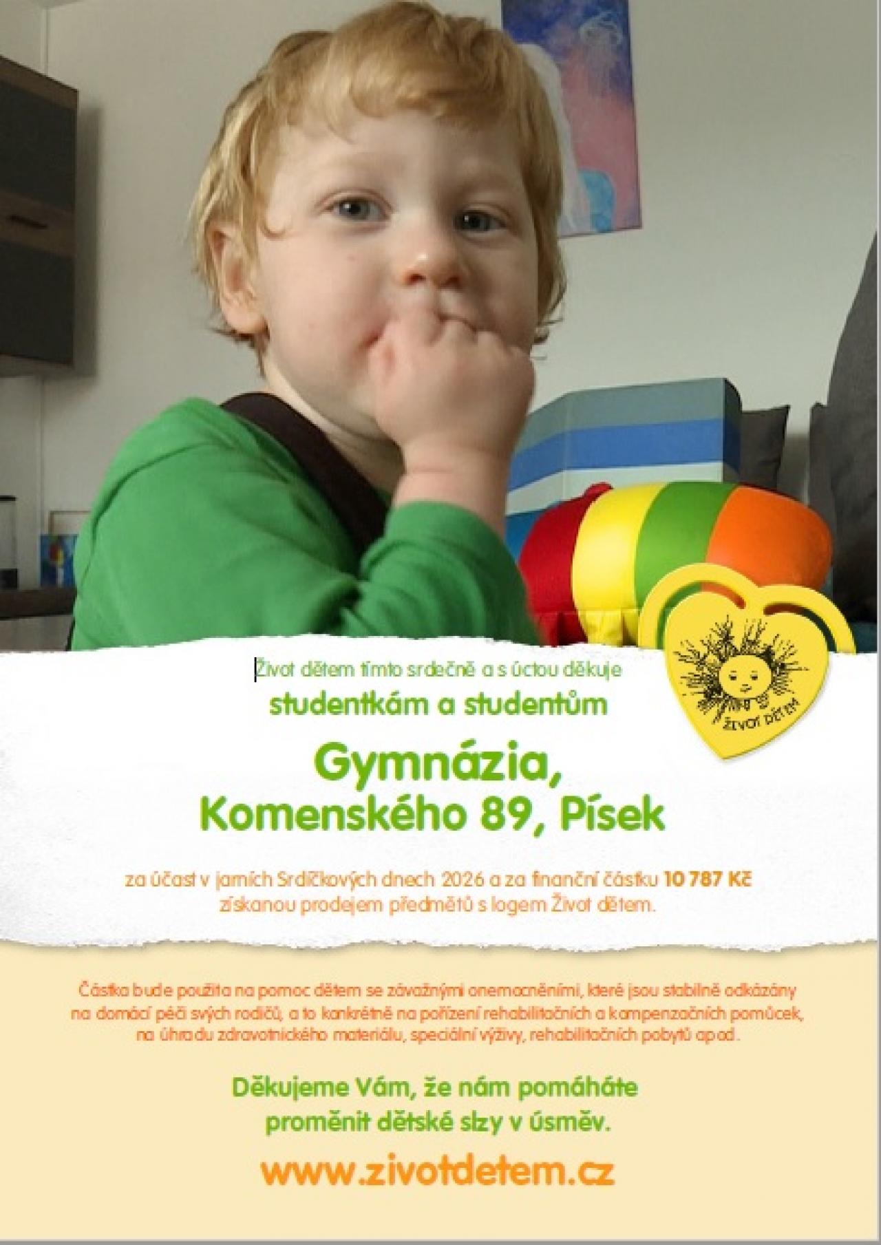 Certifikát pro Gymnázium Písek za sbírku v rámci Srdíčkového dne