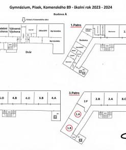 Plán rozmístění učeben pro školní rok 2023/2024 - budova A ("stará" budova) 