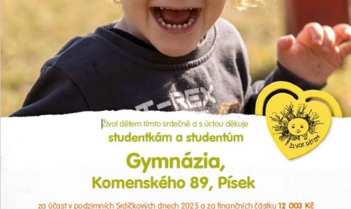 Certifikát pro Gymnázium Písek za sbírku v rámci Srdíčkového dne