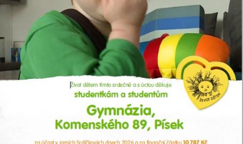 Certifikát pro Gymnázium Písek za sbírku v rámci Srdíčkového dne Certifikát pro Gymnázium Písek za sbírku v rámci Srdíčkového dne