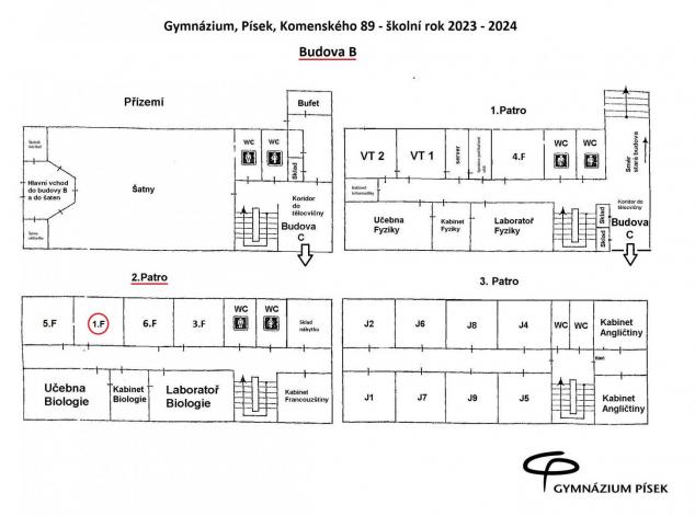 Plán rozmístění učeben pro školní rok 2023/2024 - budova B ("nová" budova)