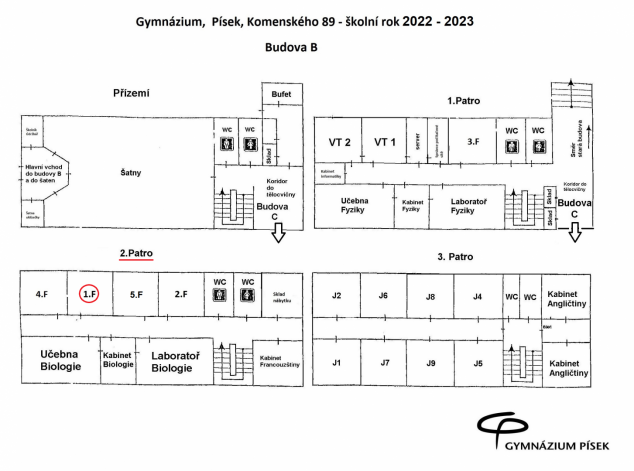 Plán rozmístění učeben pro rok 2022/2023 v budově B