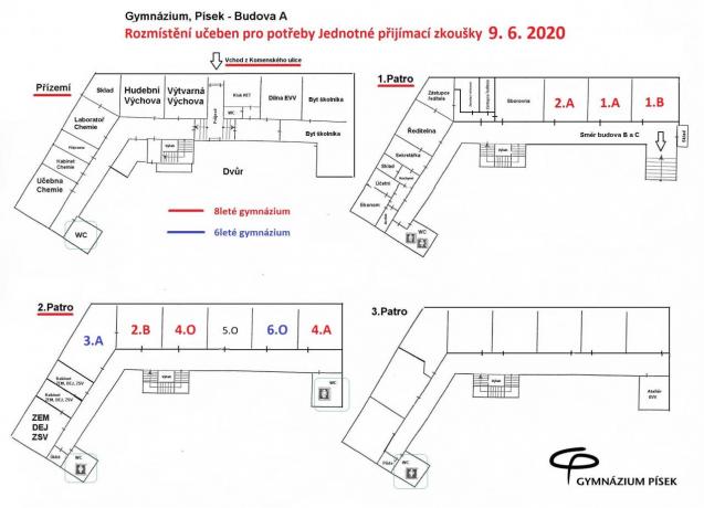 Umístění učeben pro JPZ - 6leté a 8leté 9.6.2020