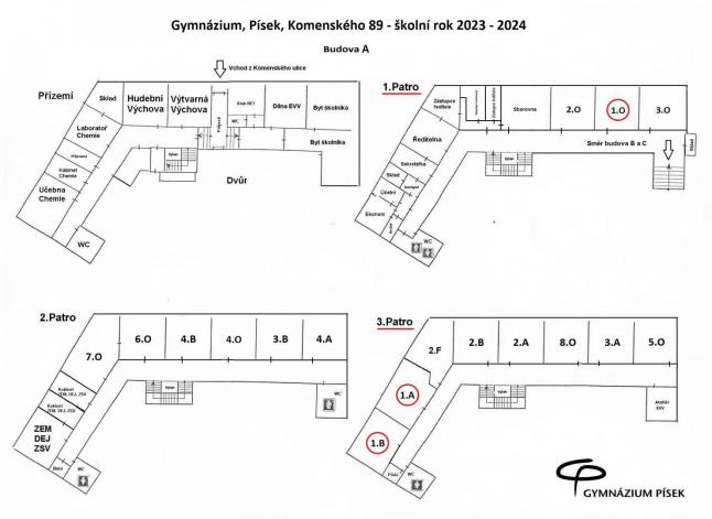 Plán rozmístění učeben pro školní rok 2023/2024 - budova A ("stará" budova) 