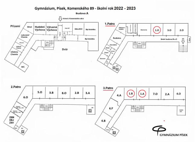 Plán rozmístění učeben pro rok 2022/2023 v budově A